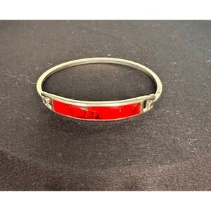 Mexico Stamped Silver Bangle Open Clasp Bracelet Red Inlay Stone Vintage